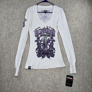 Throwdown Premium White Long Sleeve Graphic Tee Women’s Y2K Cotton V-Neck